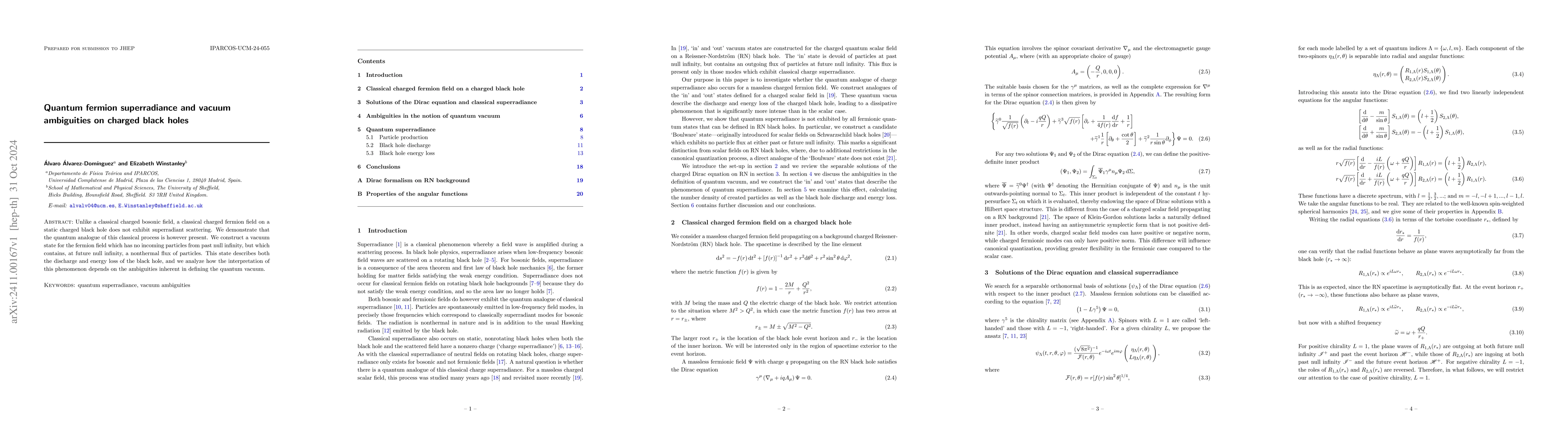 Thumbnail for Quantum fermion superradiance and vacuum ambiguities on charged black
  holes