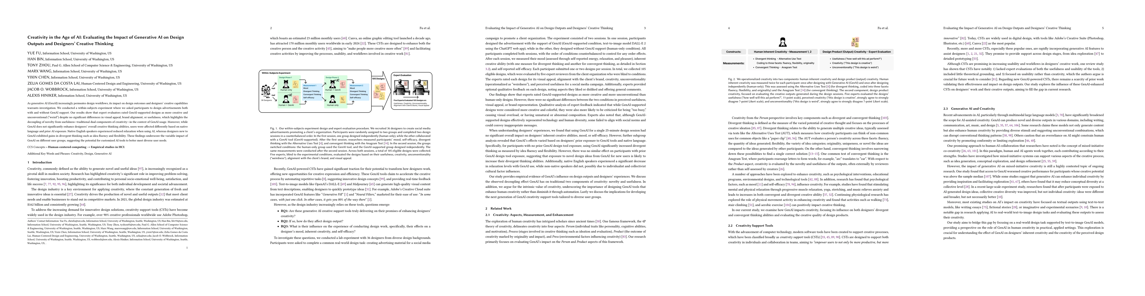 Thumbnail for Creativity in the Age of AI: Evaluating the Impact of Generative AI on
  Design Outputs and Designers' Creative Thinking