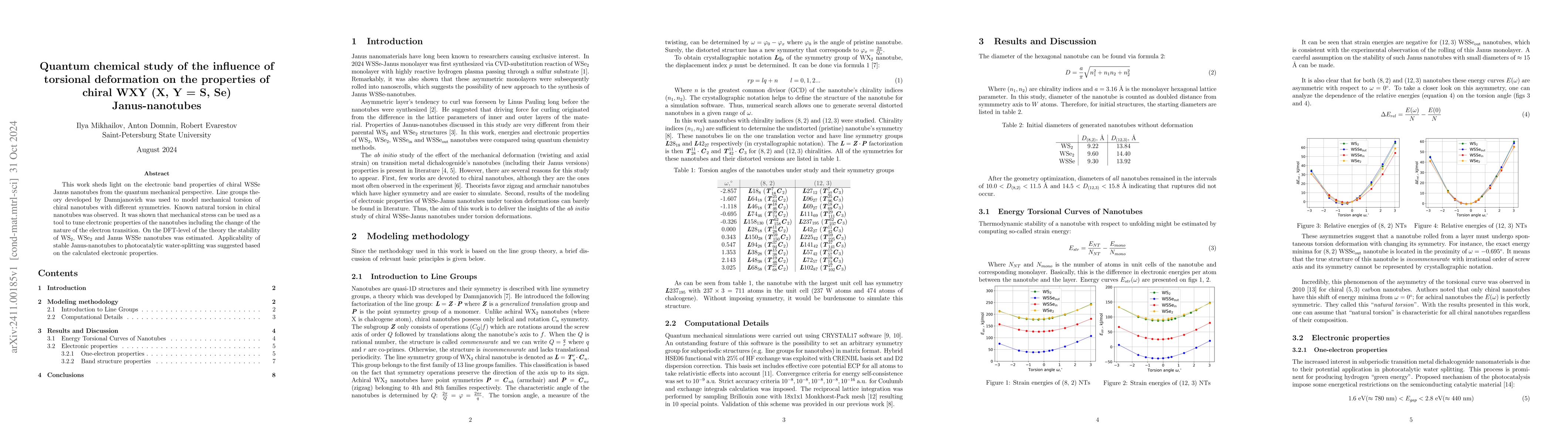 Thumbnail for Quantum chemical study of the influence of torsional deformation on the
  properties of chiral WXY (X, Y = S, Se) Janus-nanotubes