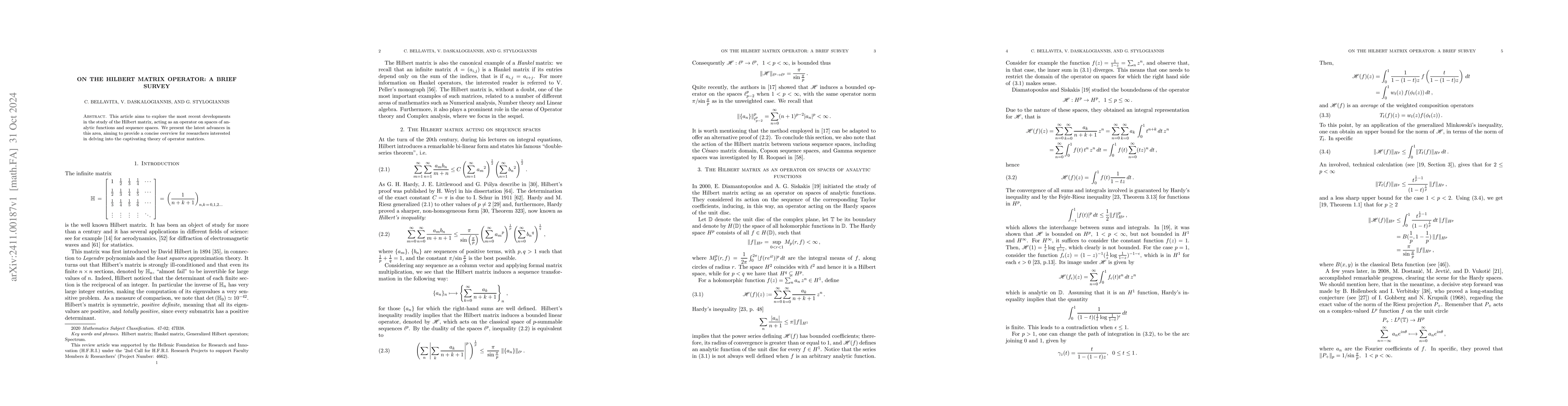 Thumbnail for On the Hilbert matrix operator: a brief survey