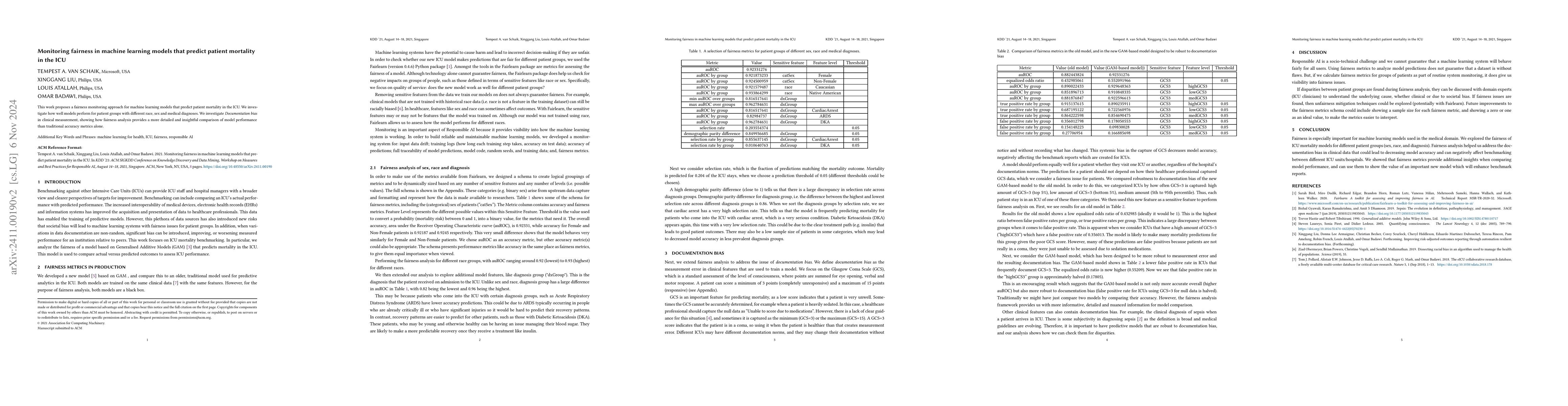 Thumbnail for Monitoring fairness in machine learning models that predict patient
  mortality in the ICU