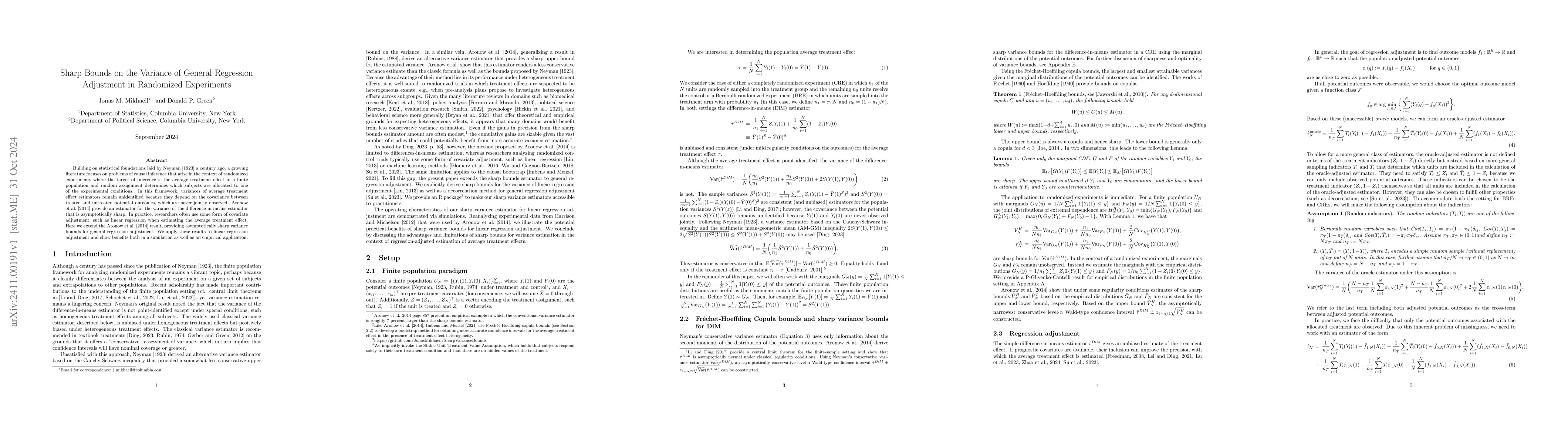 Thumbnail for Sharp Bounds on the Variance of General Regression Adjustment in
  Randomized Experiments