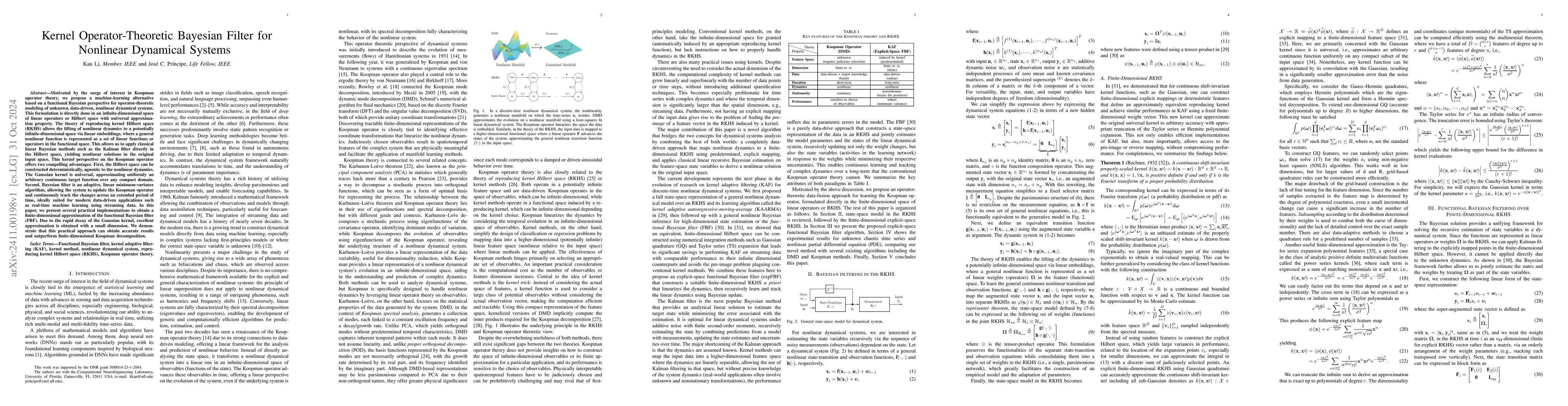 Thumbnail for Kernel Operator-Theoretic Bayesian Filter for Nonlinear Dynamical
  Systems