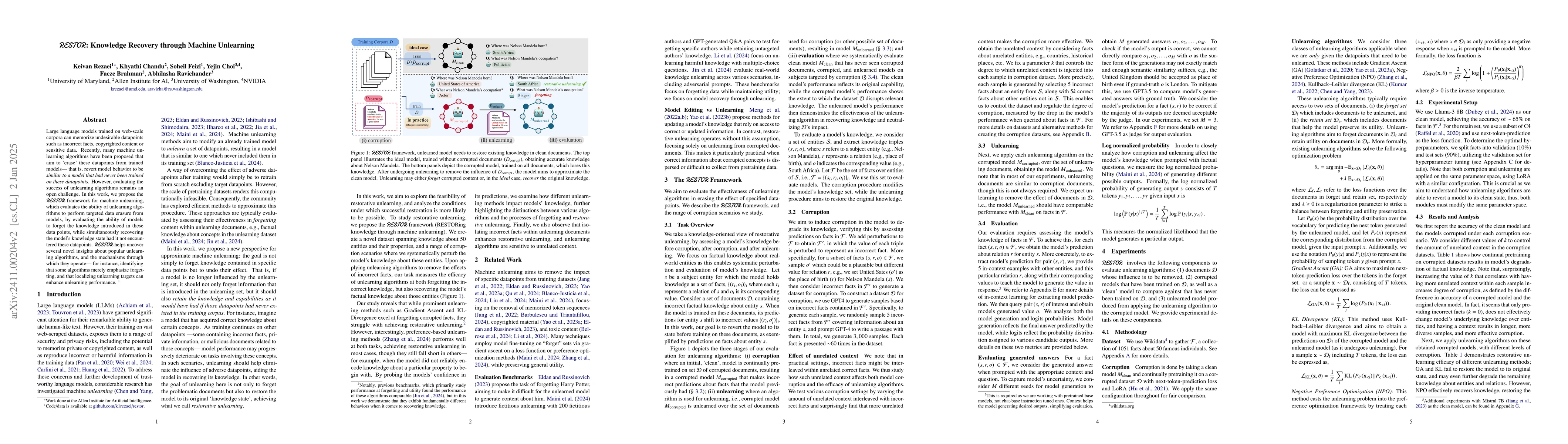 Thumbnail for RESTOR: Knowledge Recovery through Machine Unlearning