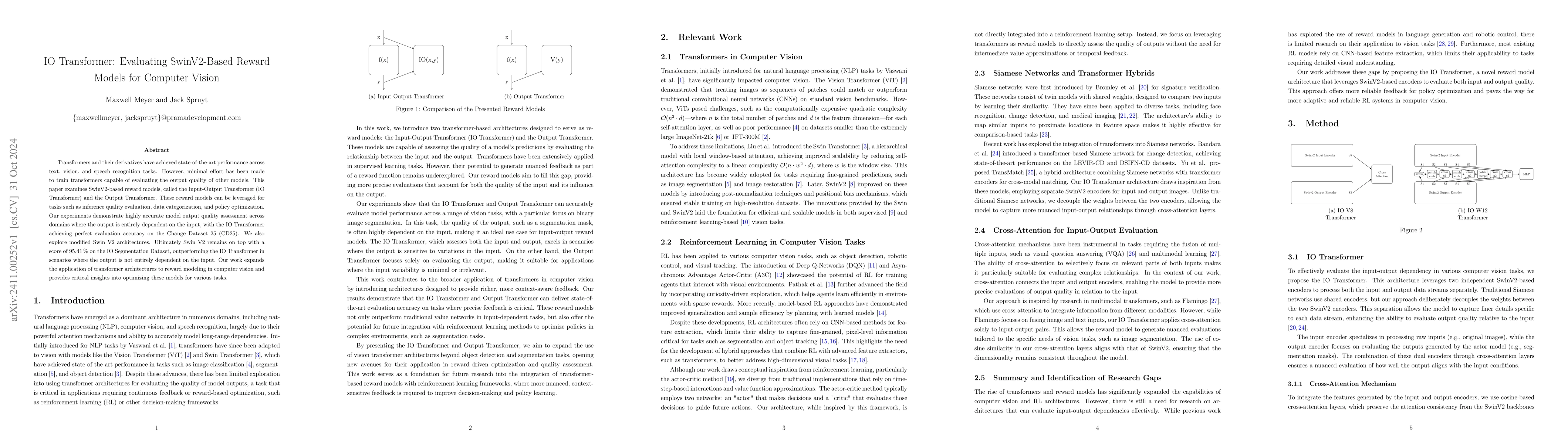 Thumbnail for IO Transformer: Evaluating SwinV2-Based Reward Models for Computer
  Vision