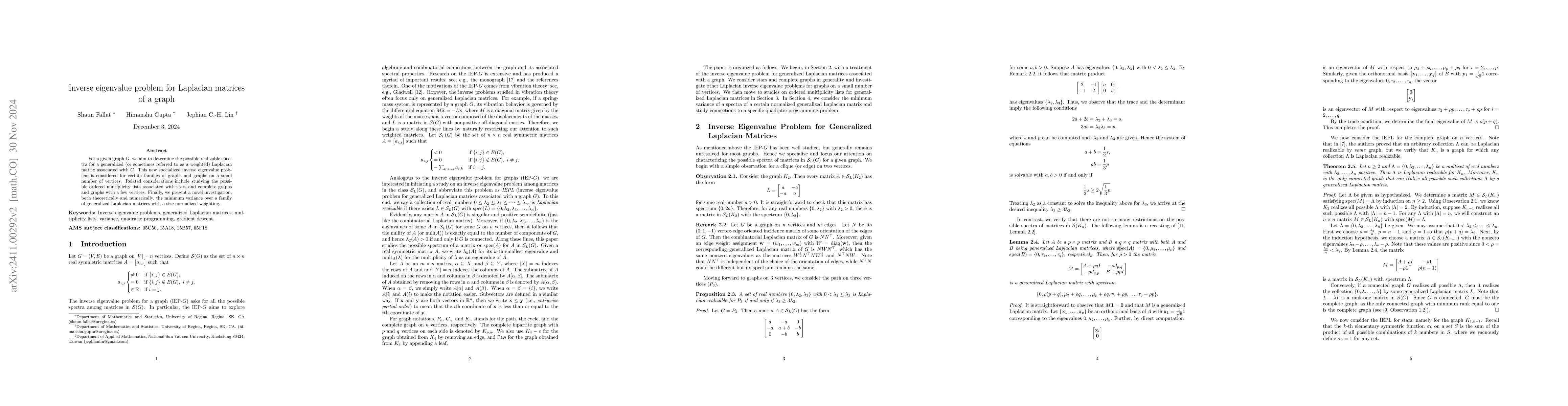 Thumbnail for Inverse eigenvalue problem for Laplacian matrices of a graph
