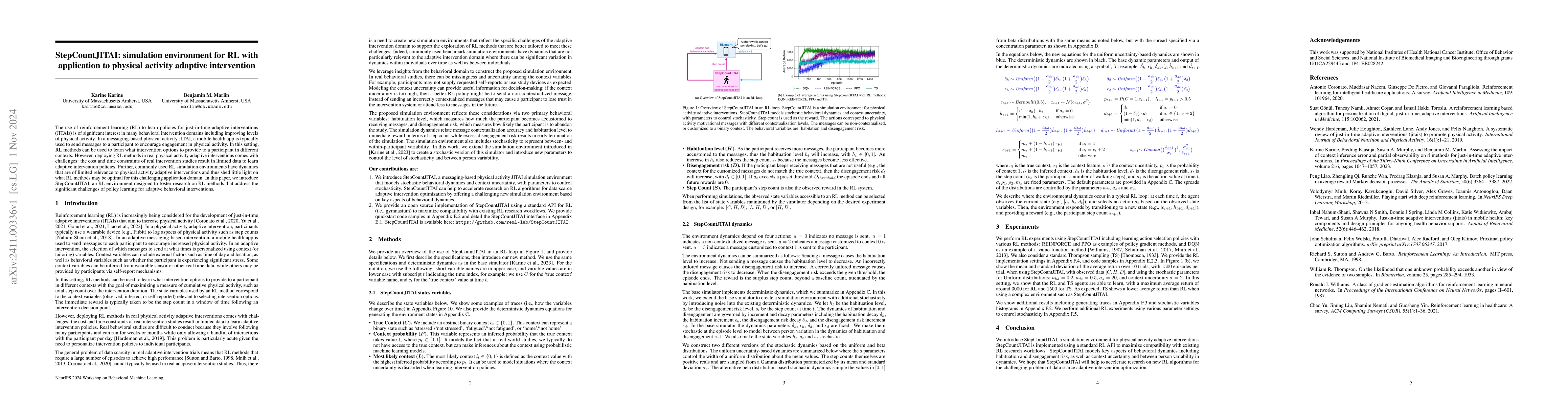 Thumbnail for StepCountJITAI: simulation environment for RL with application to
  physical activity adaptive intervention