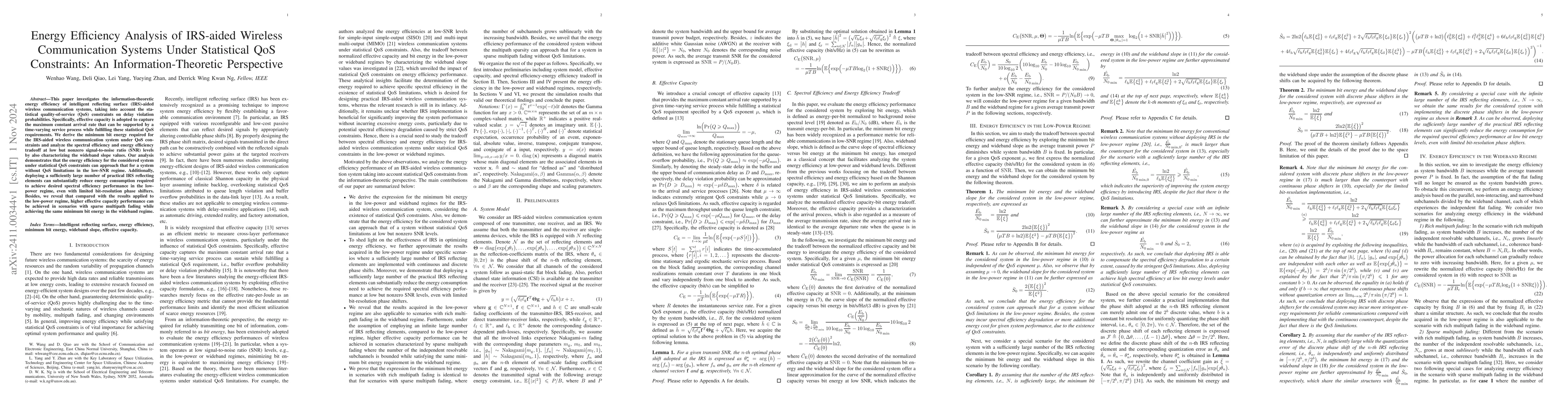 Thumbnail for Energy Efficiency Analysis of IRS-aided Wireless Communication Systems
  Under Statistical QoS Constraints: An Information-Theoretic Perspective
