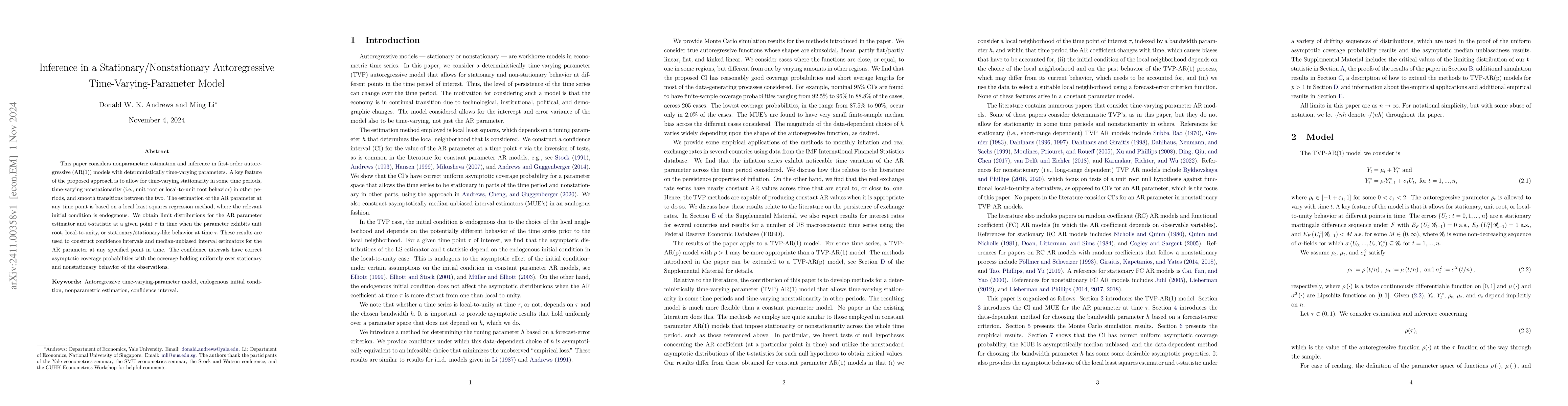 Thumbnail for Inference in a Stationary/Nonstationary Autoregressive
  Time-Varying-Parameter Model