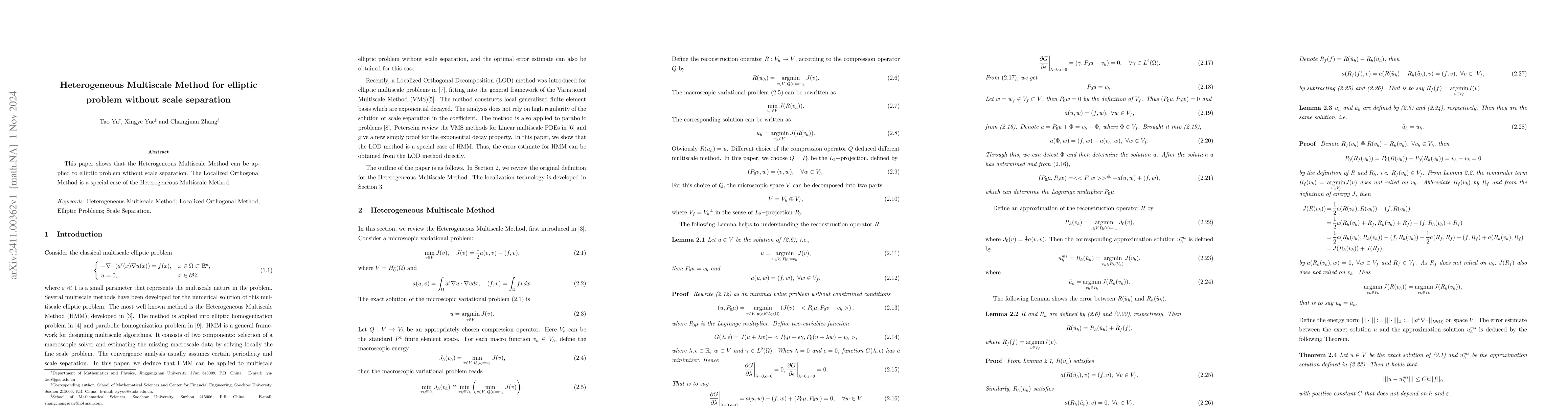 Thumbnail for Heterogeneous Multiscale Method for elliptic problem without scale
  separation