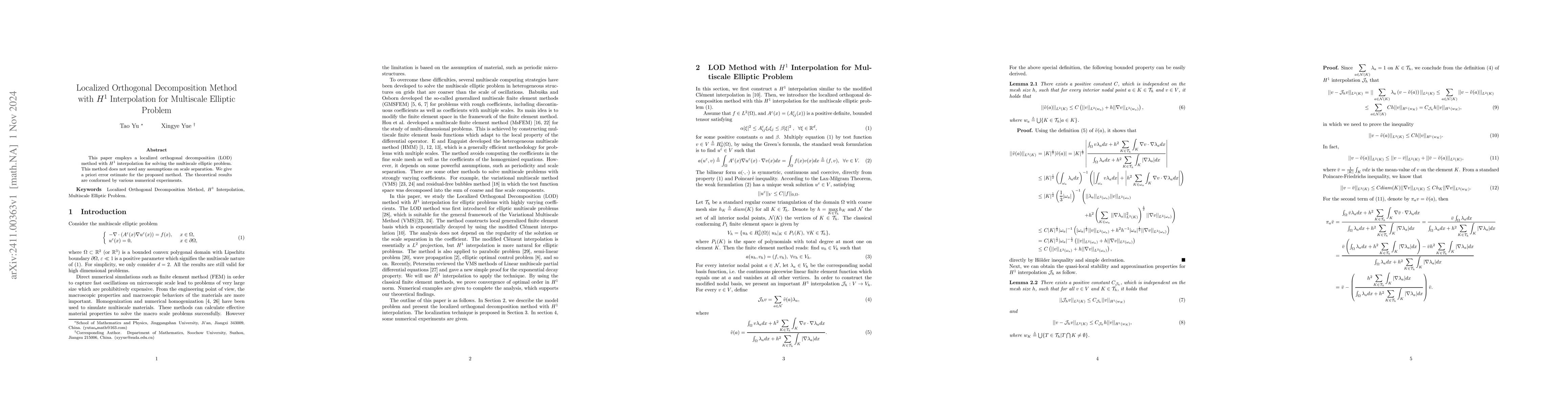 Thumbnail for Localized Orthogonal Decomposition Method with $H^1$ Interpolation for
  Multiscale Elliptic Problem
