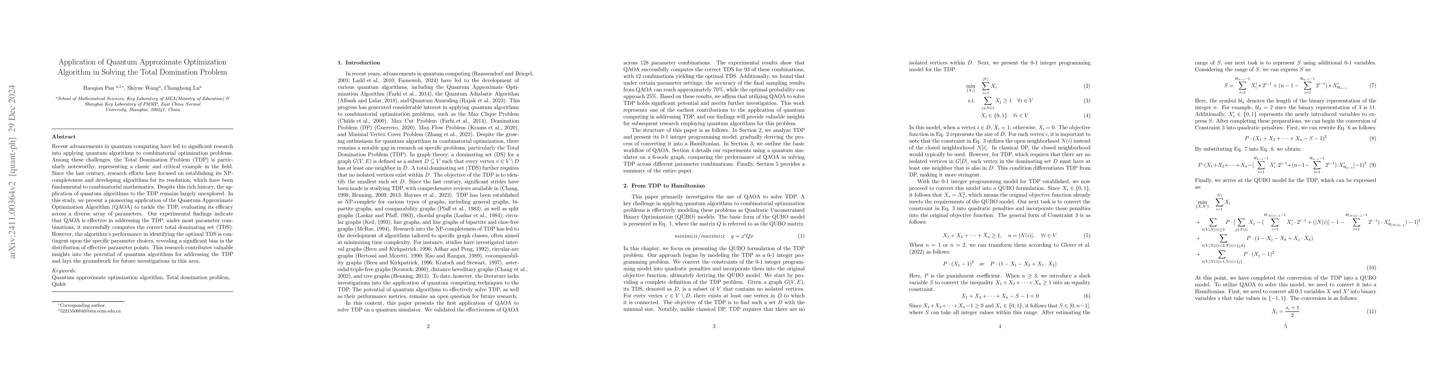 Thumbnail for Application of Quantum Approximate Optimization Algorithm in Solving the
  Total Domination Problem