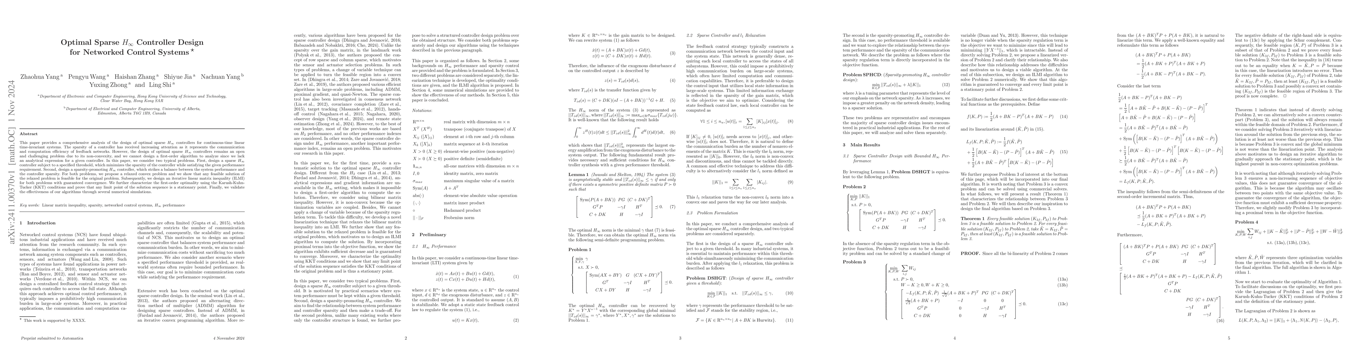Thumbnail for Optimal Sparse $H_\infty$ Controller Design for Networked Control
  Systems