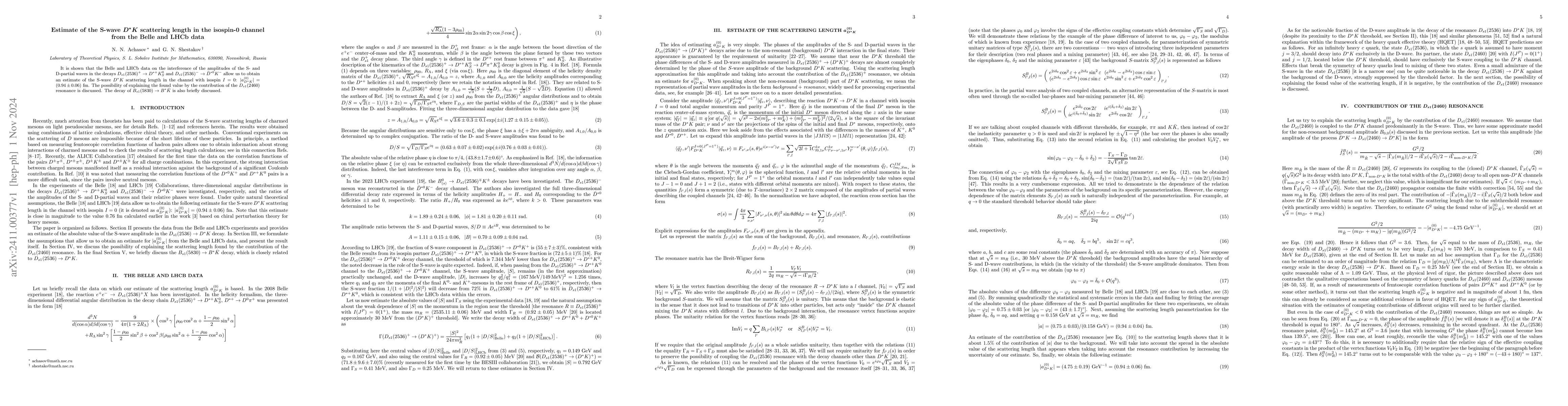 Thumbnail for Estimate of the S-wave $D^*K$ scattering length in the isospin-0 channel
  from the Belle and LHCb data