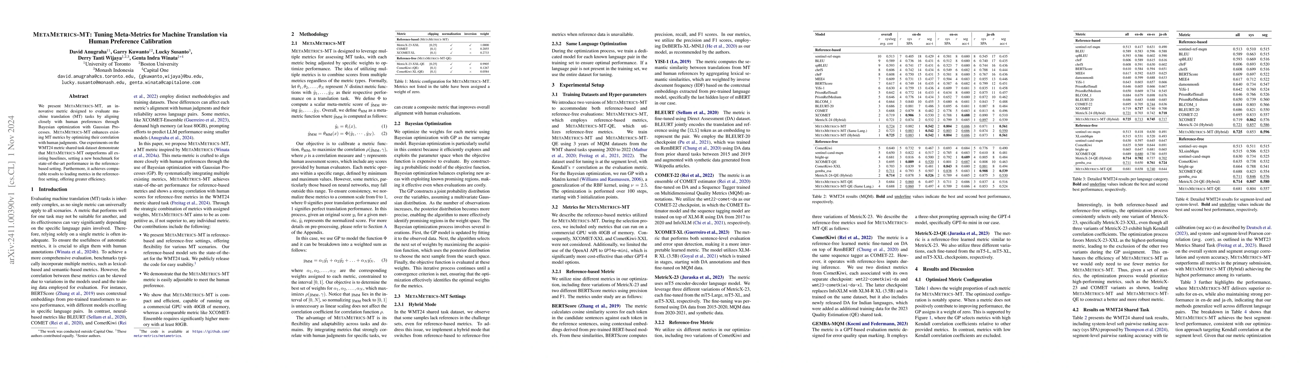 Thumbnail for MetaMetrics-MT: Tuning Meta-Metrics for Machine Translation via Human
  Preference Calibration