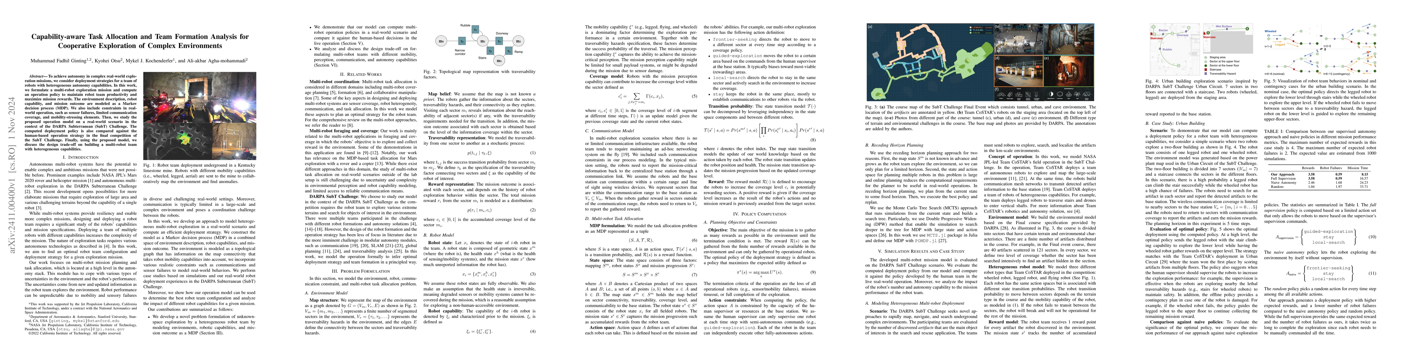 Thumbnail for Capability-aware Task Allocation and Team Formation Analysis for
  Cooperative Exploration of Complex Environments