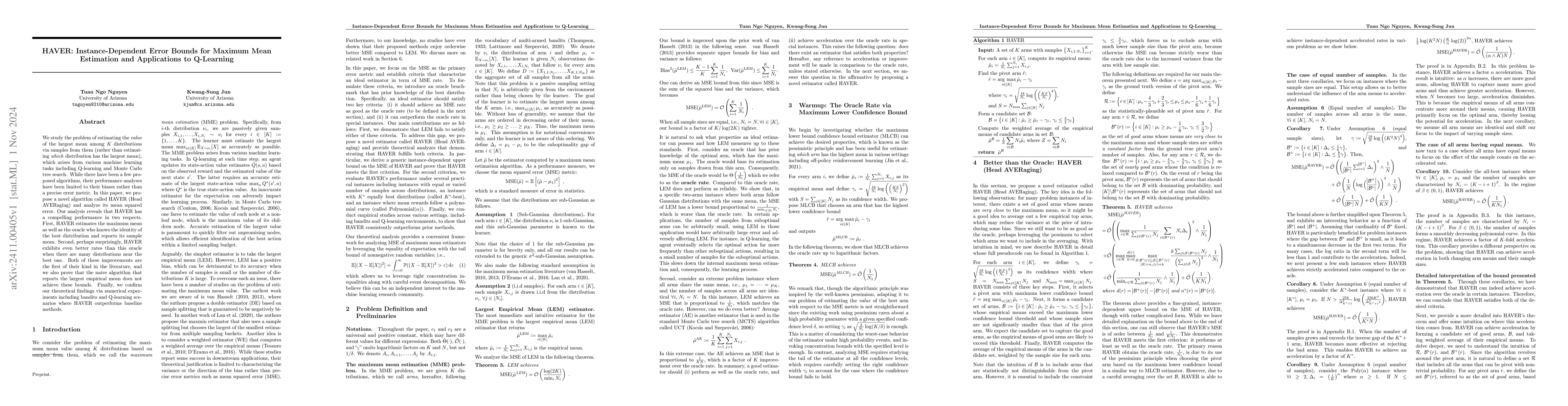 Thumbnail for HAVER: Instance-Dependent Error Bounds for Maximum Mean Estimation and
  Applications to Q-Learning