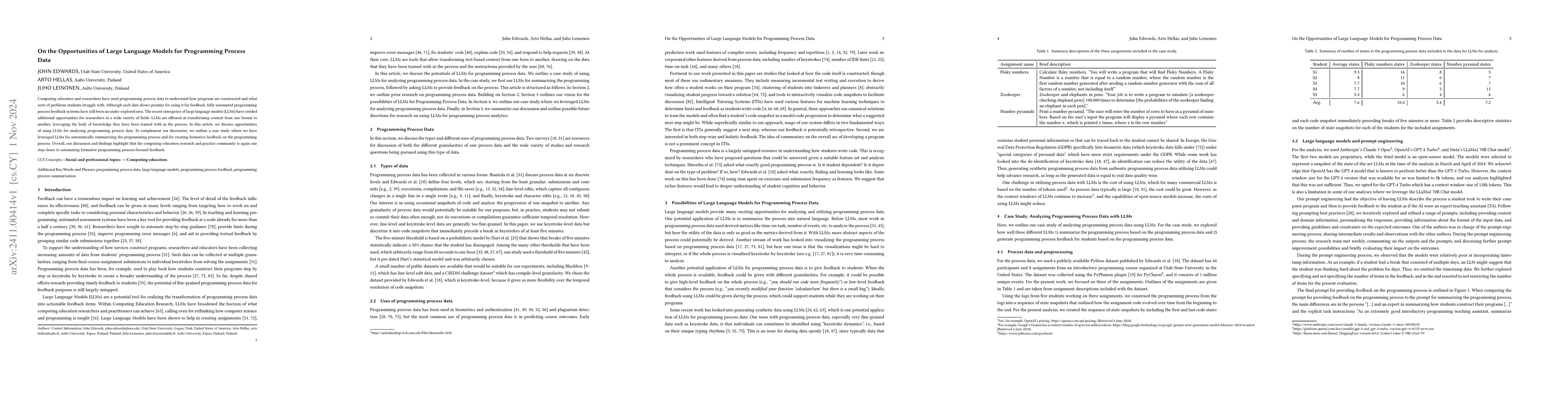 Thumbnail for On the Opportunities of Large Language Models for Programming Process
  Data