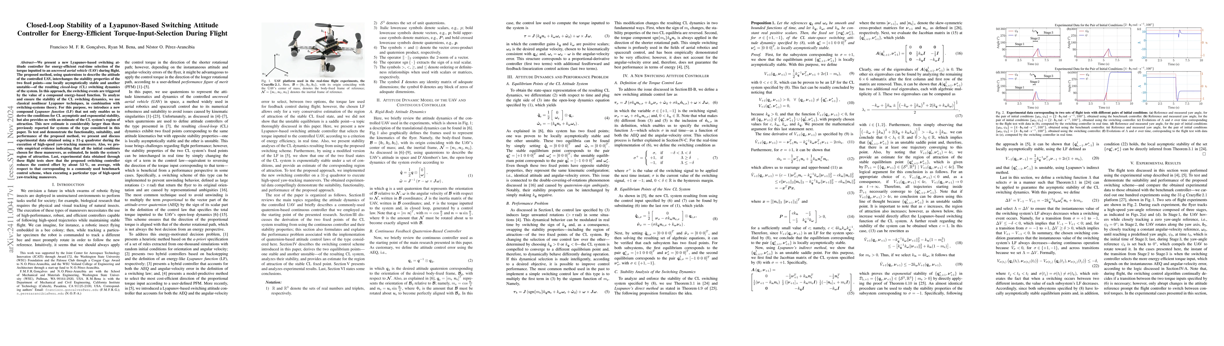 Thumbnail for Closed-Loop Stability of a Lyapunov-Based Switching Attitude Controller
  for Energy-Efficient Torque-Input-Selection During Flight
