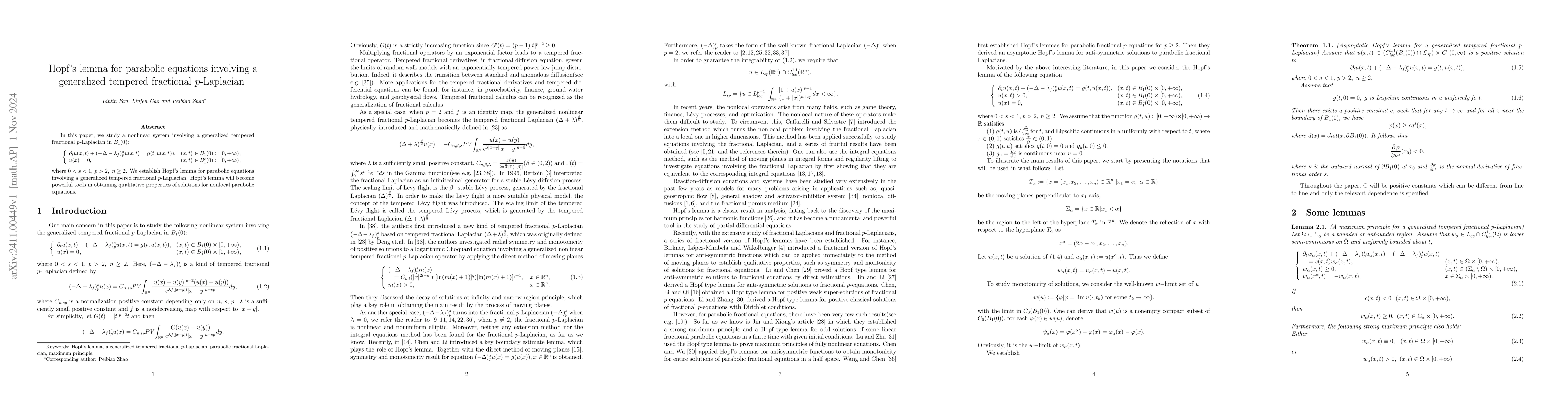 Thumbnail for Hopf's lemma for parabolic equations involving a generalized tempered
  fractional $p$-Laplacian