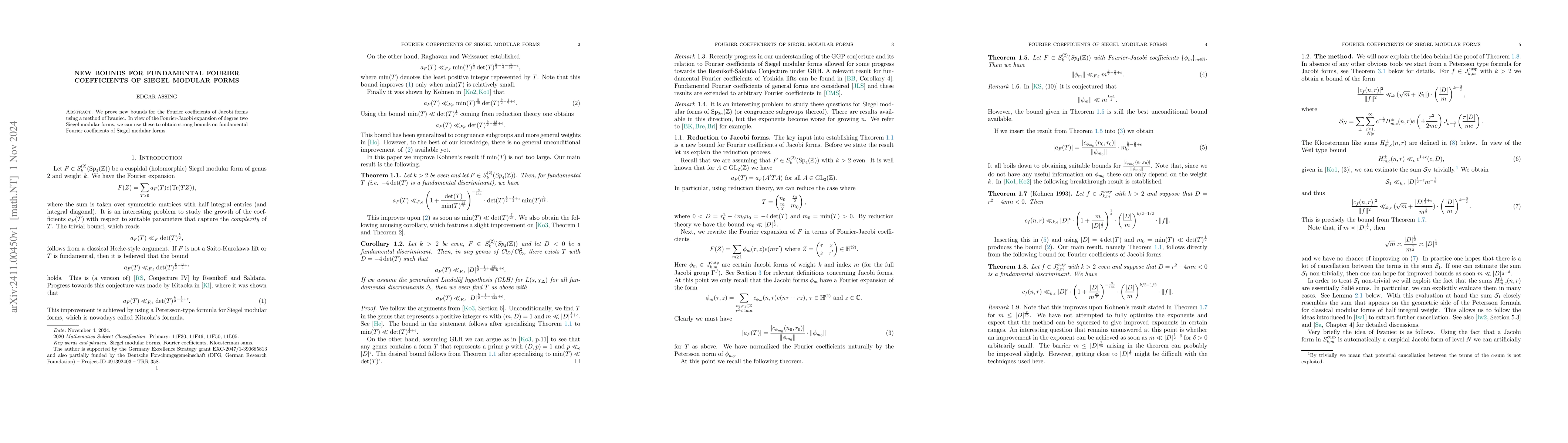 Thumbnail for New bounds for fundamental Fourier coefficients of Siegel modular forms