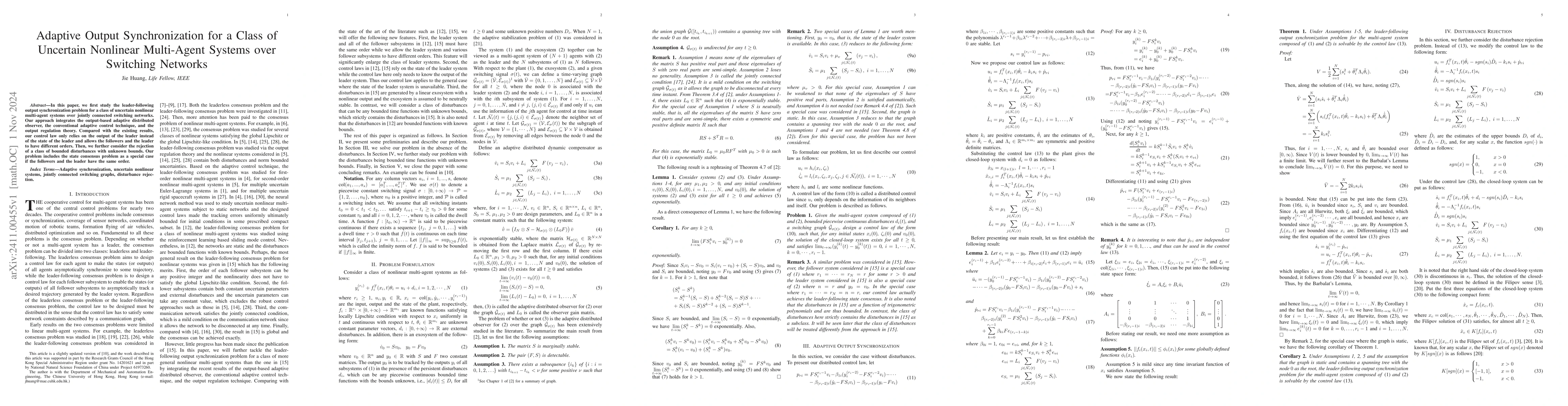 Thumbnail for Adaptive Output Synchronization for a Class of Uncertain Nonlinear
  Multi-Agent Systems over Switching Networks