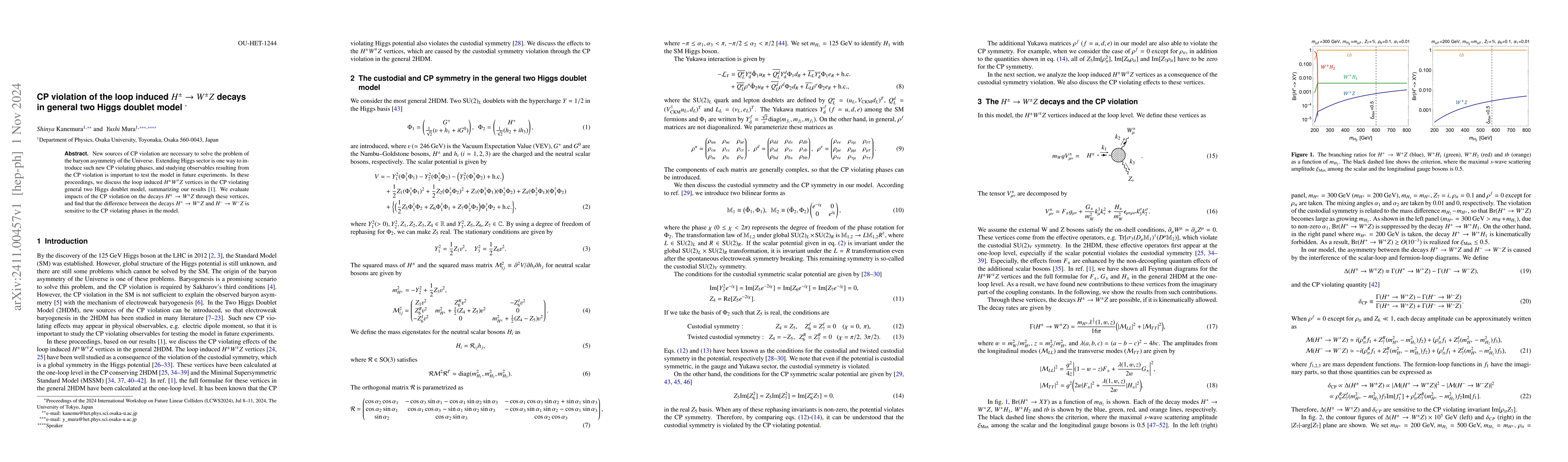 Thumbnail for CP violation of the loop induced $H^\pm \to W^\pm Z$ decays in general
  two Higgs doublet model