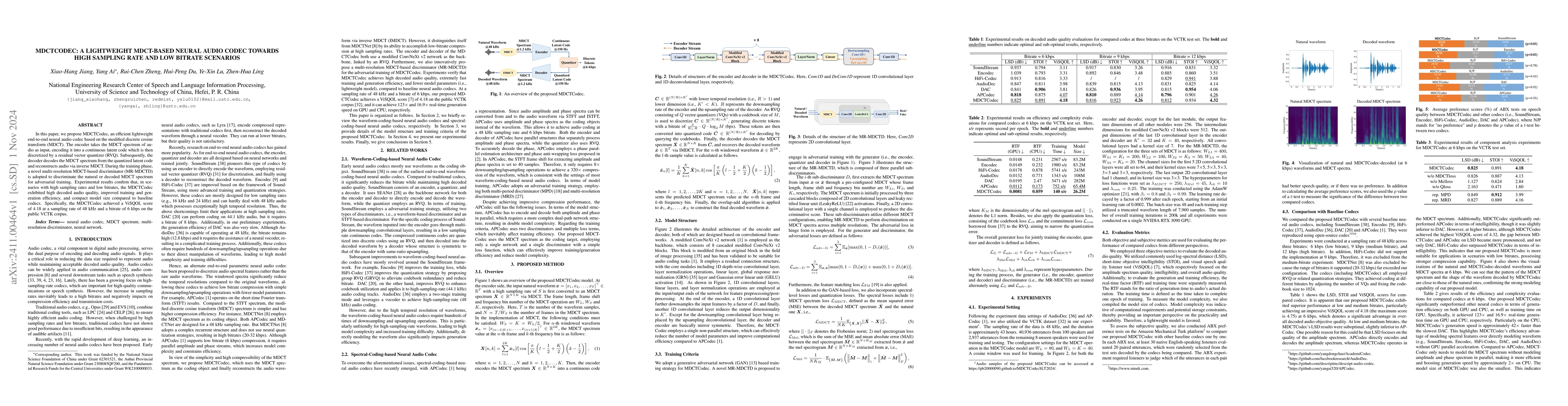 Thumbnail for MDCTCodec: A Lightweight MDCT-based Neural Audio Codec towards High
  Sampling Rate and Low Bitrate Scenarios