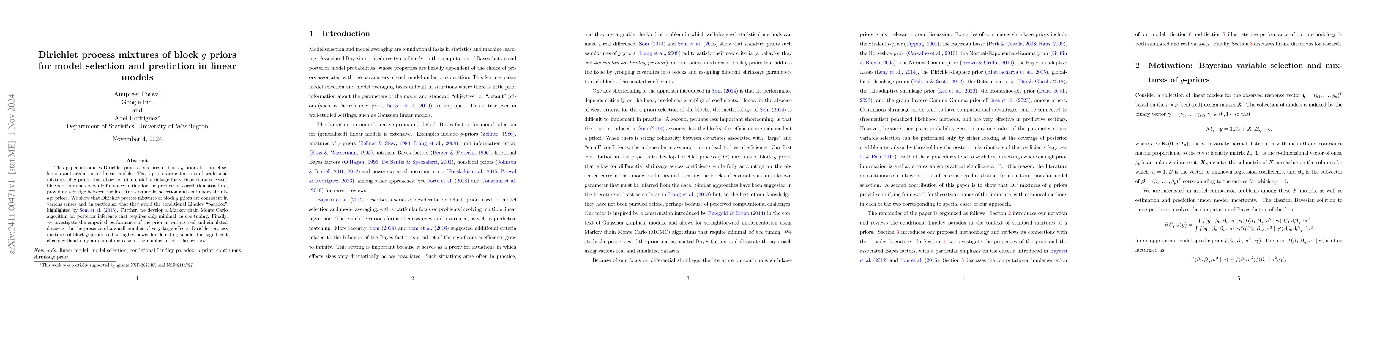 Thumbnail for Dirichlet process mixtures of block $g$ priors for model selection and
  prediction in linear models