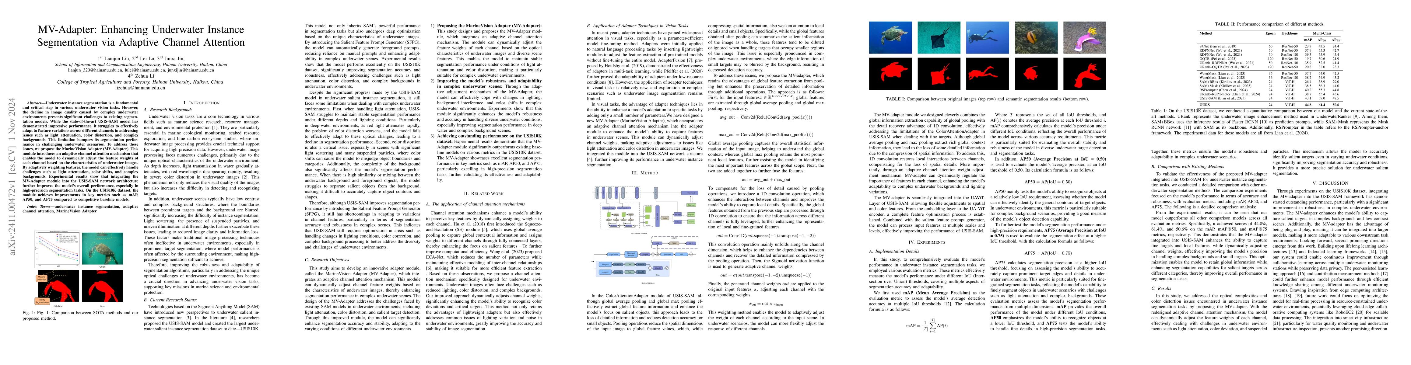 Thumbnail for MV-Adapter: Enhancing Underwater Instance Segmentation via Adaptive
  Channel Attention