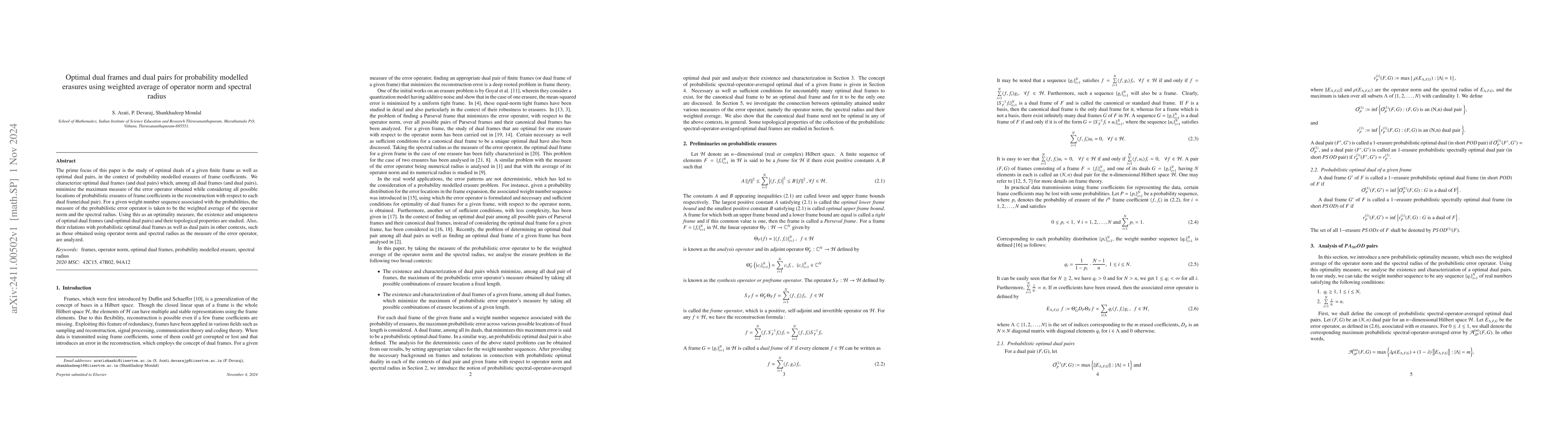 Thumbnail for Optimal dual frames and dual pairs for probability modelled erasures
  using weighted average of operator norm and spectral radius