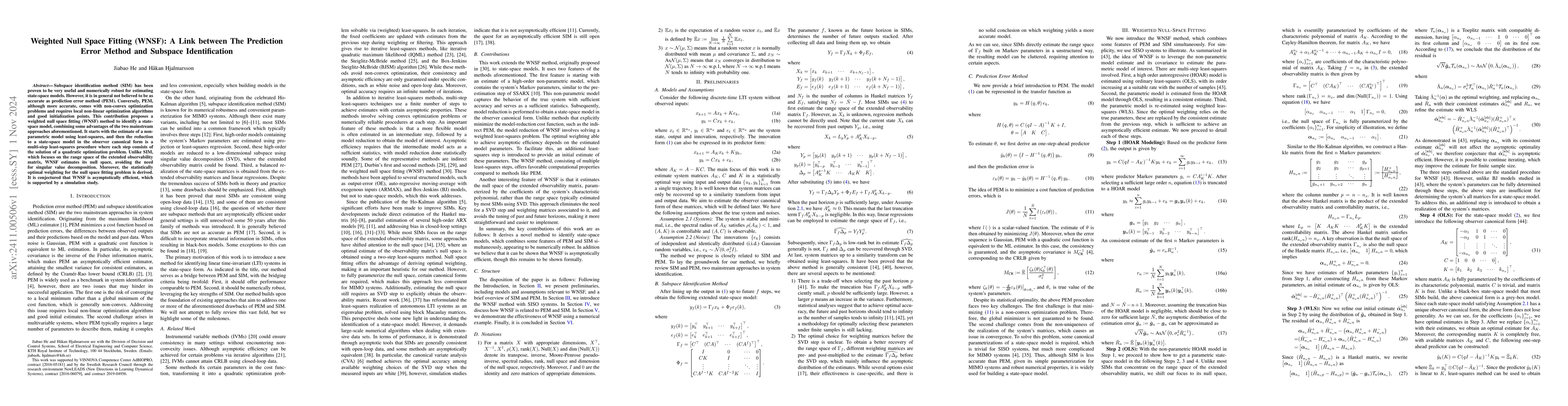 Thumbnail for Weighted Null Space Fitting (WNSF): A Link between The Prediction Error
  Method and Subspace Identification
