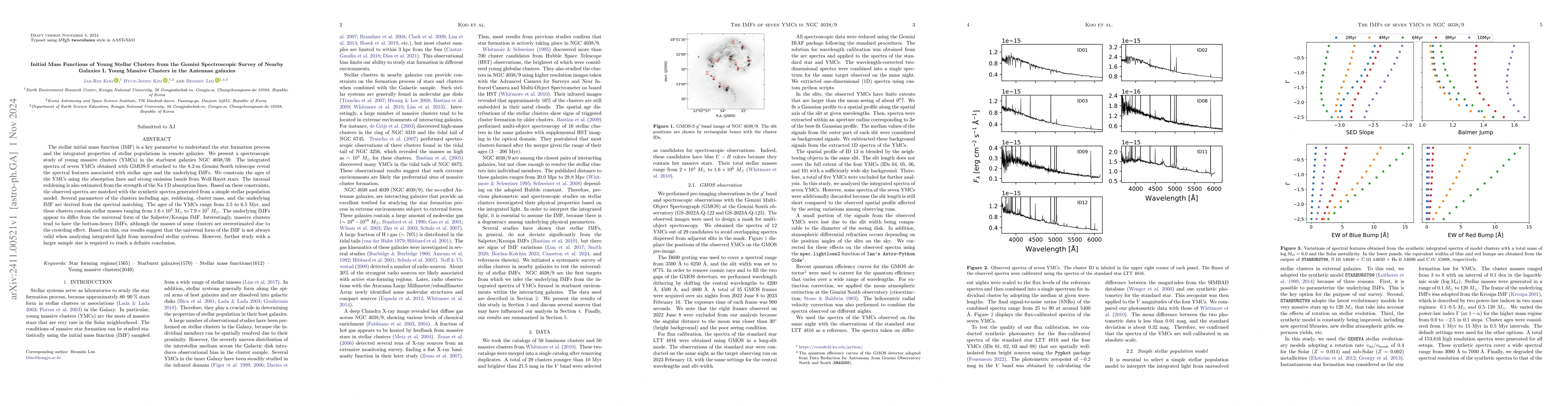 Thumbnail for Initial Mass Functions of Young Stellar Clusters from the Gemini
  Spectroscopic Survey of Nearby Galaxies I. Young Massive Clusters in the
  Antennae galaxies