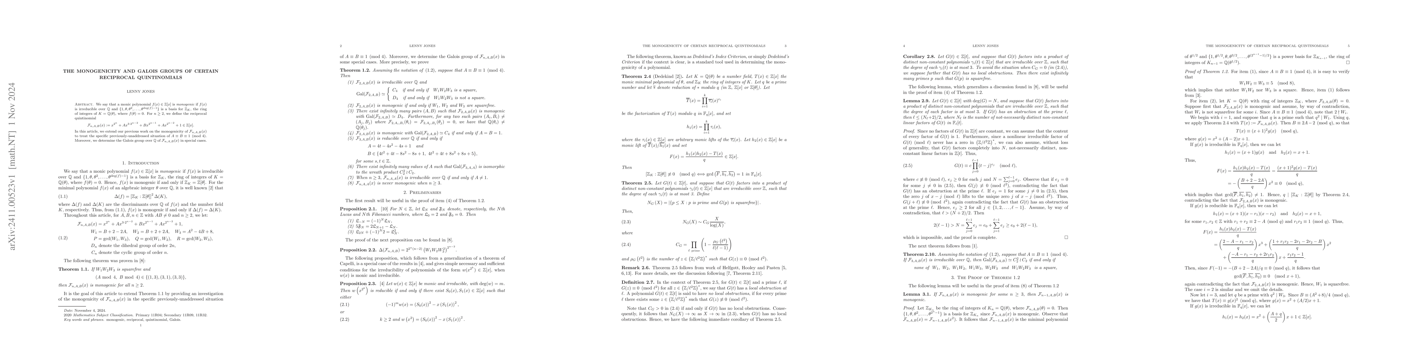 Thumbnail for The monogenicity and Galois groups of certain reciprocal quintinomials