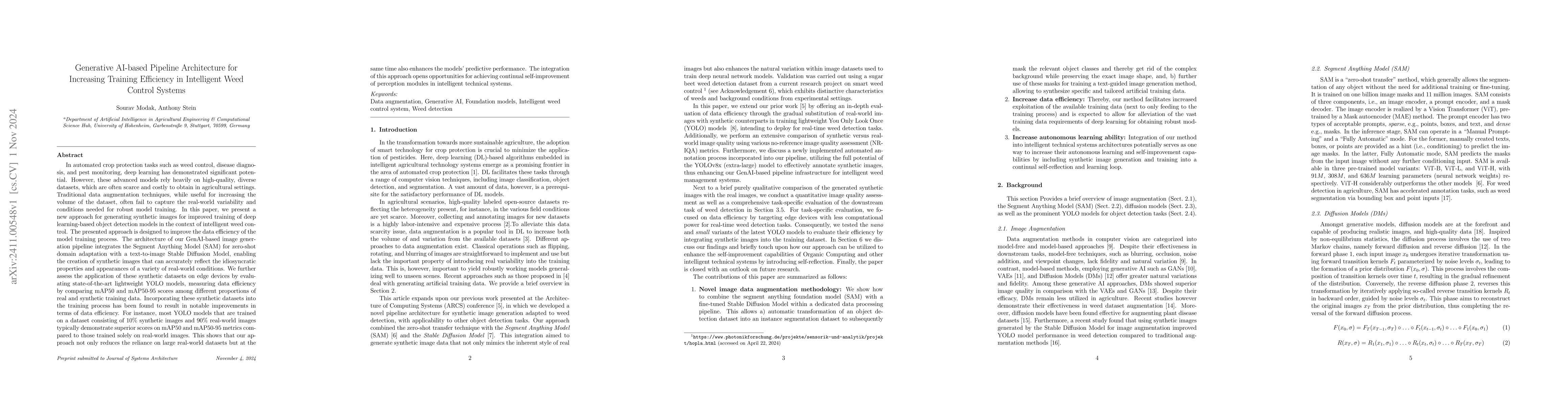 Thumbnail for Generative AI-based Pipeline Architecture for Increasing Training
  Efficiency in Intelligent Weed Control Systems
