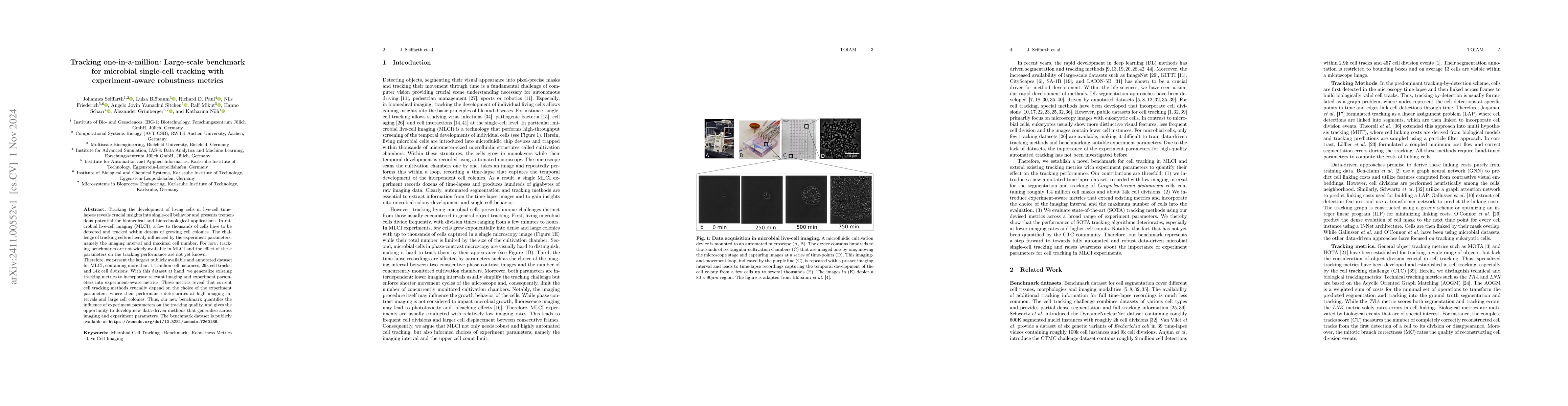 Thumbnail for Tracking one-in-a-million: Large-scale benchmark for microbial
  single-cell tracking with experiment-aware robustness metrics