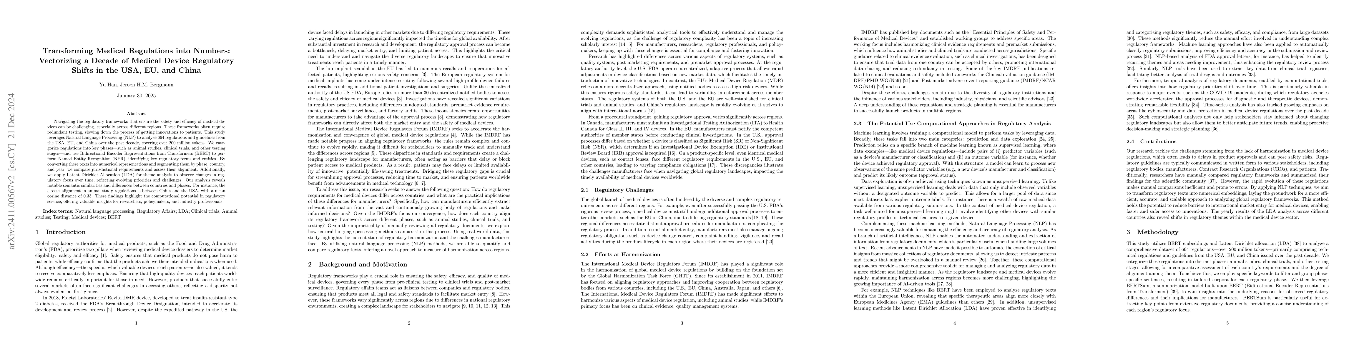 Thumbnail for Transforming Medical Regulations into Numbers: Vectorizing a Decade of
  Medical Device Regulatory Shifts in the USA, EU, and China