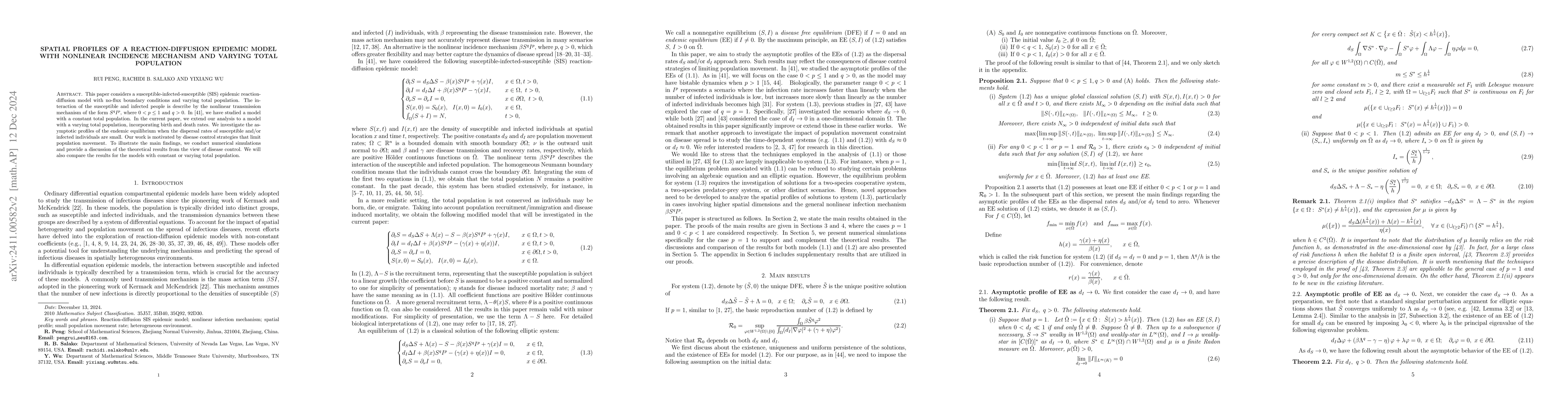Thumbnail for Spatial profiles of a reaction-diffusion epidemic model with nonlinear
  incidence mechanism and varying total population