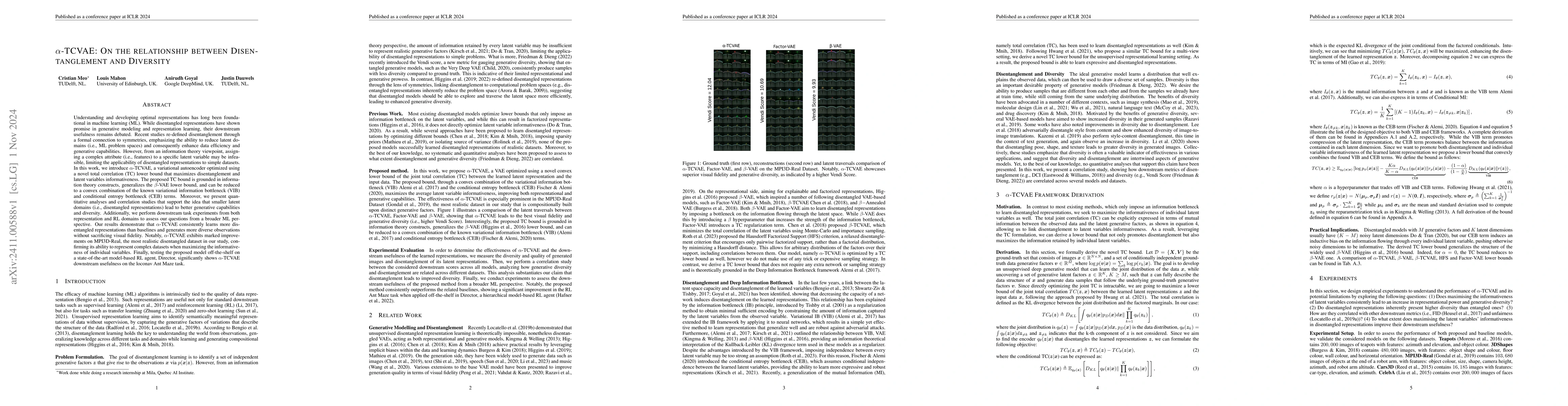 Thumbnail for $α$-TCVAE: On the relationship between Disentanglement and
  Diversity