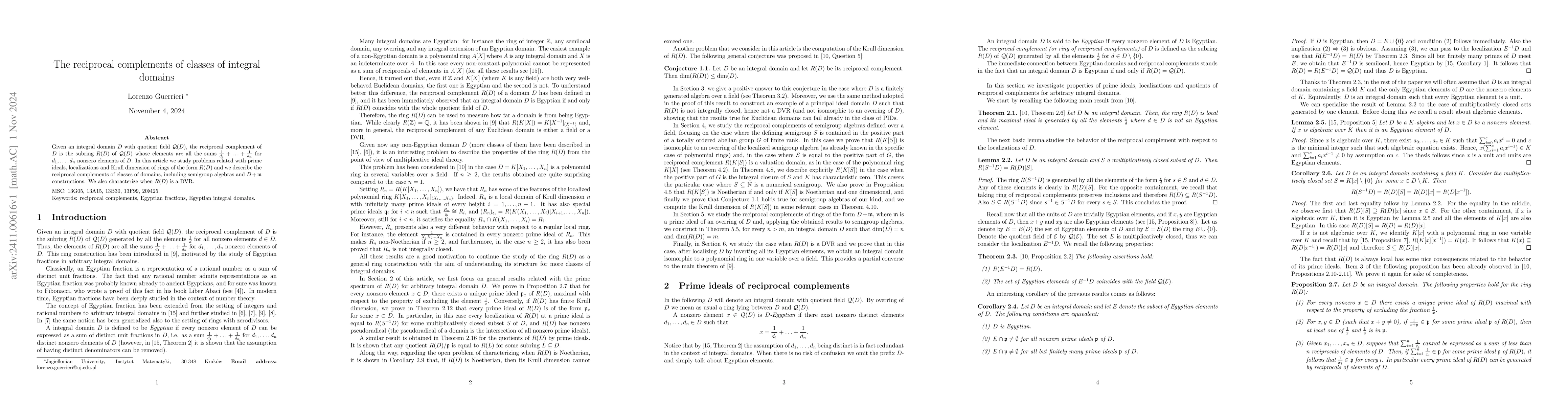 Thumbnail for The reciprocal complements of classes of integral domains