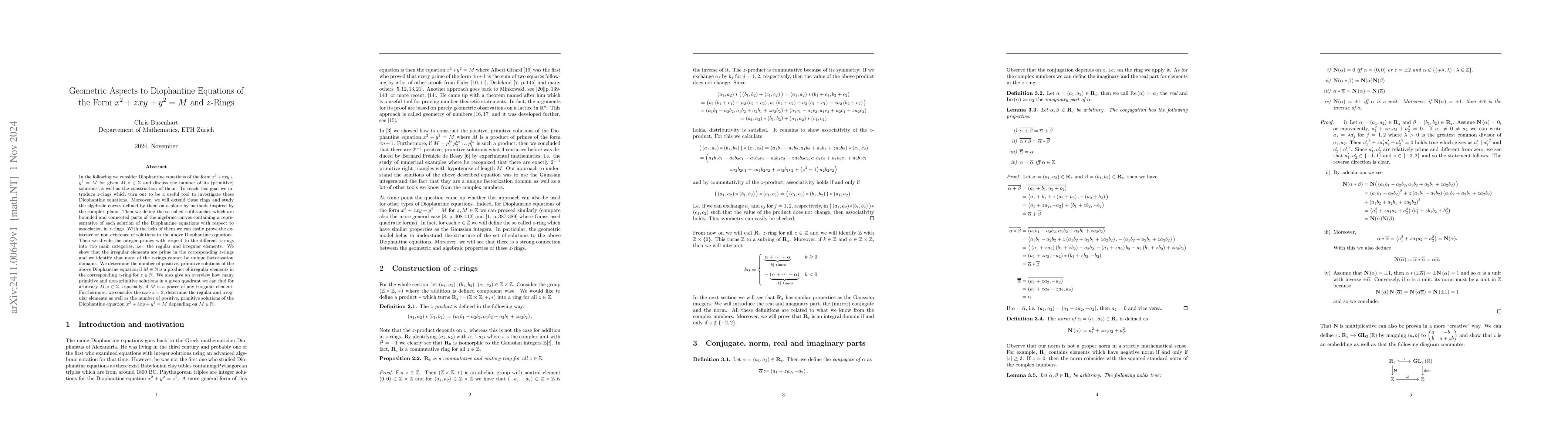 Thumbnail for Geometric Aspects to Diophantine Equations of the Form $x^2 + zxy + y^2
  = M$ and $z$-Rings