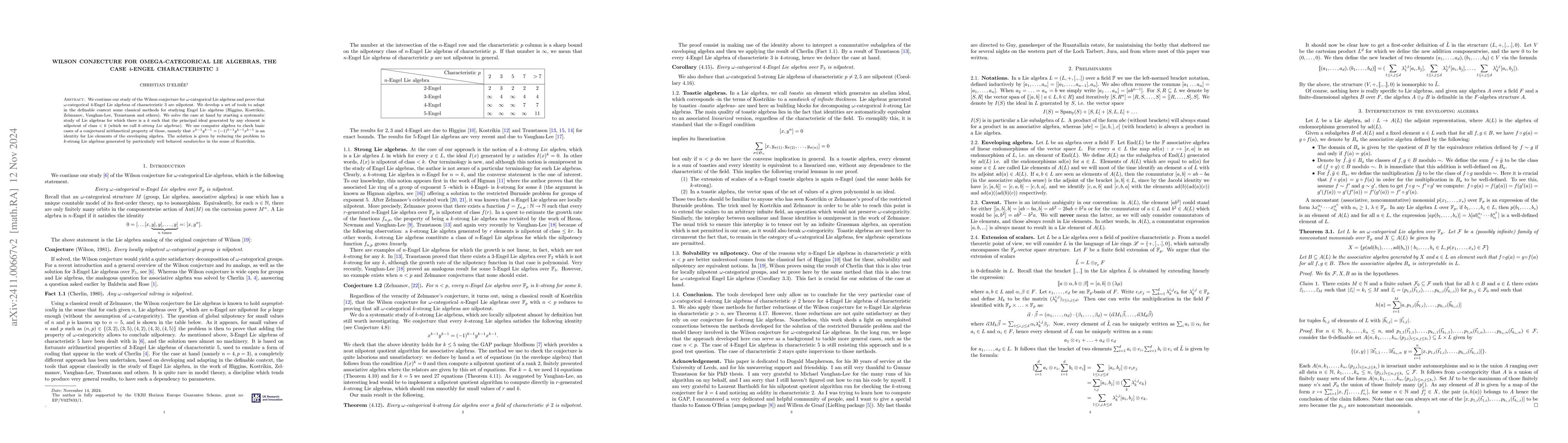 Thumbnail for Wilson conjecture for omega-categorical Lie algebras, the case 4-Engel
  characteristic 3