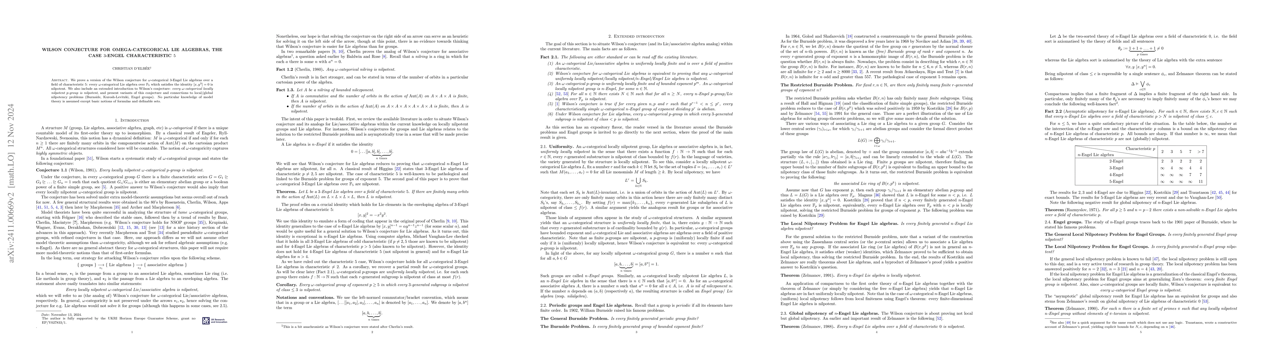 Thumbnail for Wilson conjecture for omega-categorical Lie algebras, the case 3-Engel
  characteristic 5