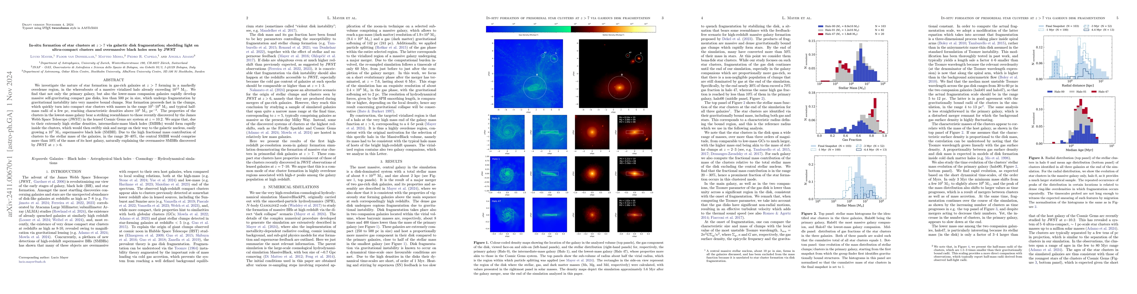 Thumbnail for In-situ formation of star clusters at z > 7 via galactic disk
  fragmentation; shedding light on ultra-compact clusters and overmassive black
  holes seen by JWST