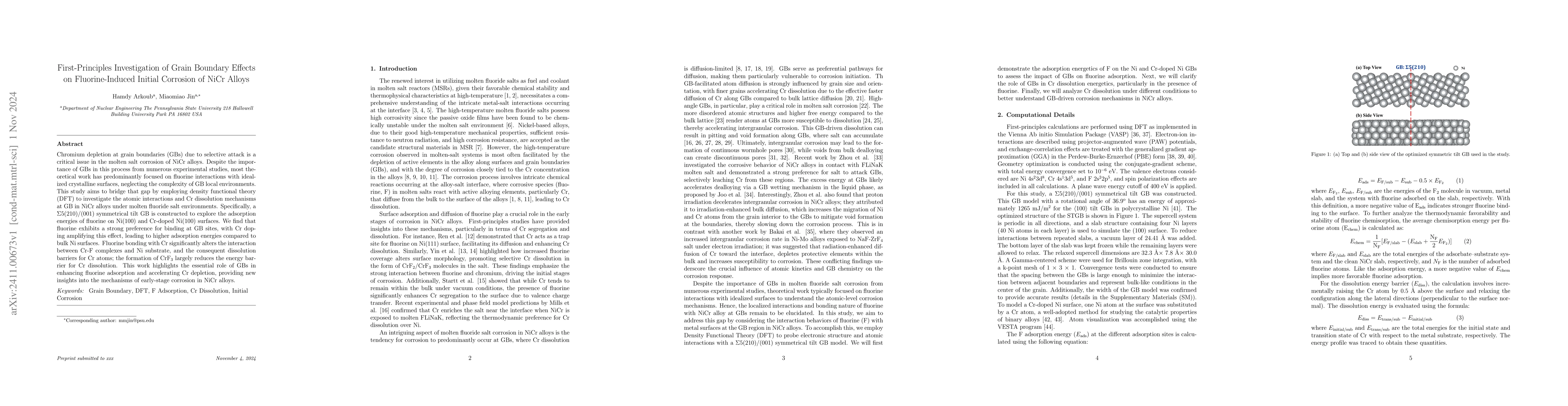 Thumbnail for First-Principles Investigation of Grain Boundary Effects on
  Fluorine-Induced Initial Corrosion of NiCr Alloys