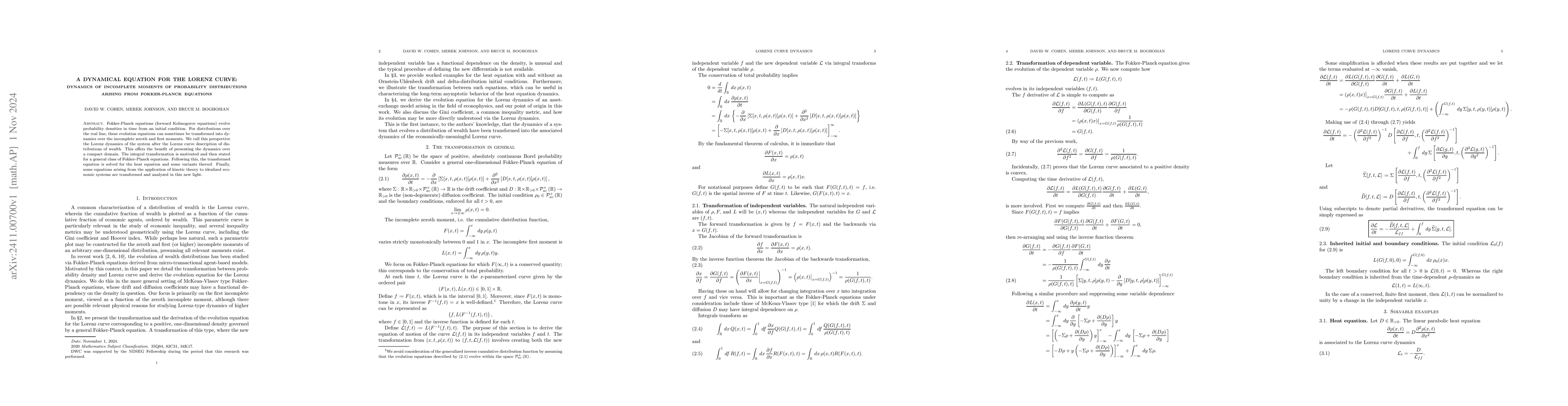 Thumbnail for A Dynamical Equation for the Lorenz Curve: Dynamics of incomplete
  moments of probability distributions arising from Fokker-Planck equations