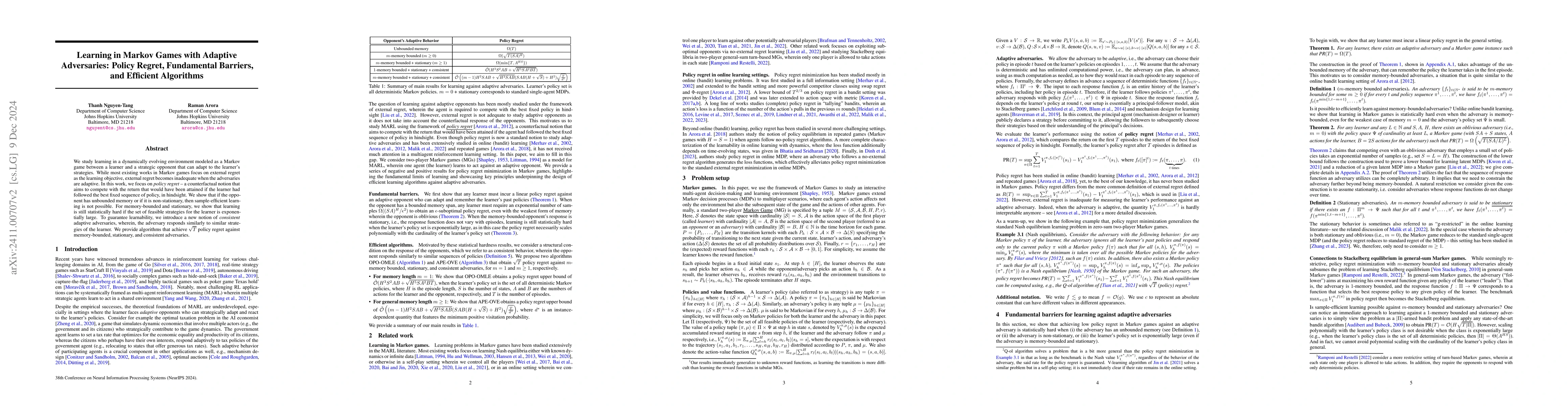 Thumbnail for Learning in Markov Games with Adaptive Adversaries: Policy Regret,
  Fundamental Barriers, and Efficient Algorithms