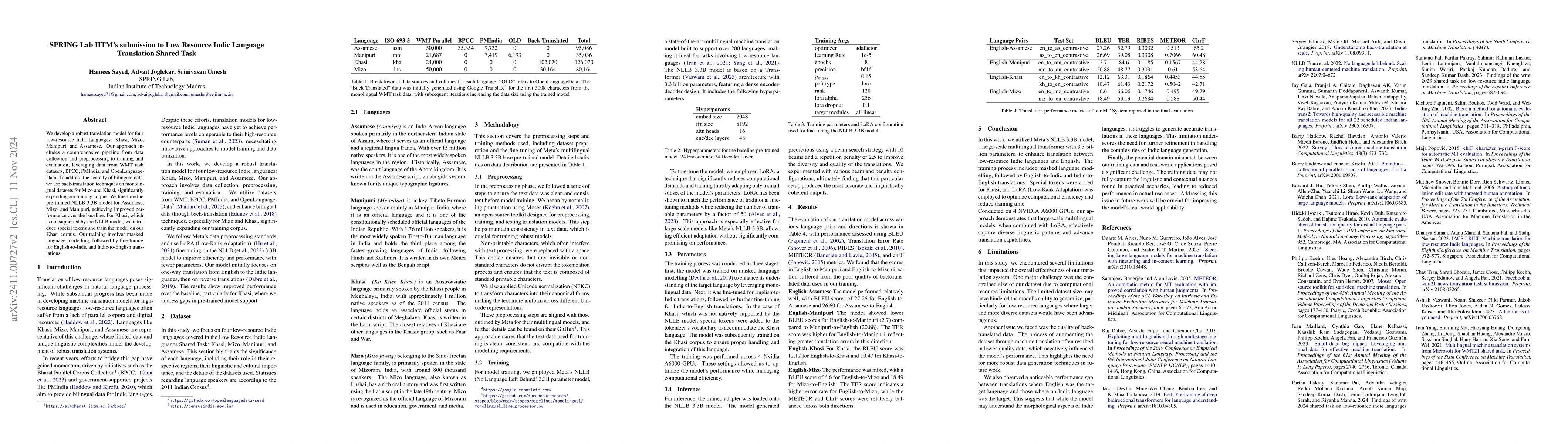Thumbnail for SPRING Lab IITM's submission to Low Resource Indic Language Translation
  Shared Task