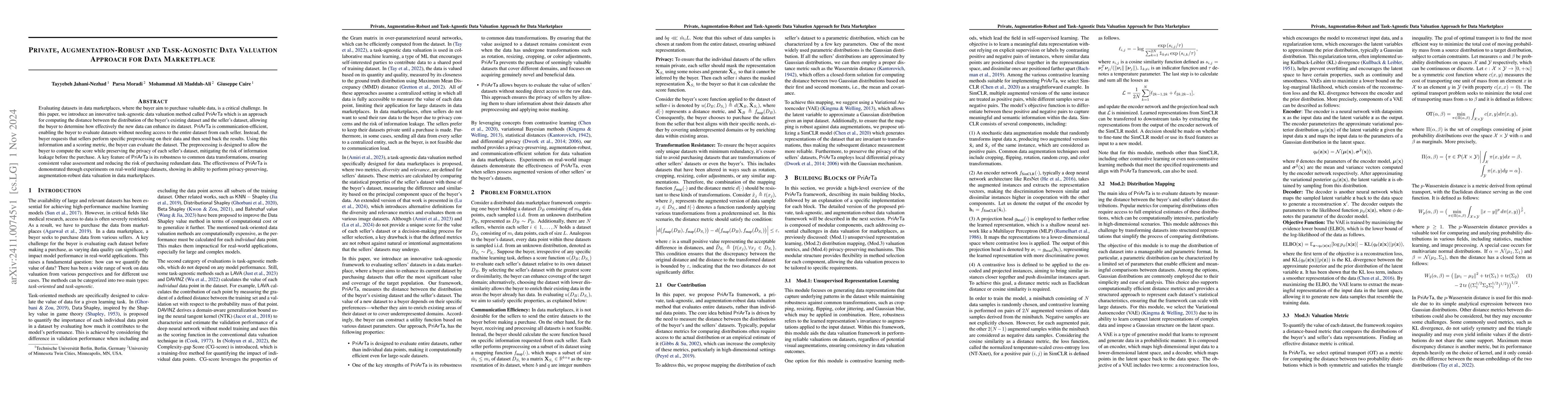 Thumbnail for Private, Augmentation-Robust and Task-Agnostic Data Valuation Approach
  for Data Marketplace