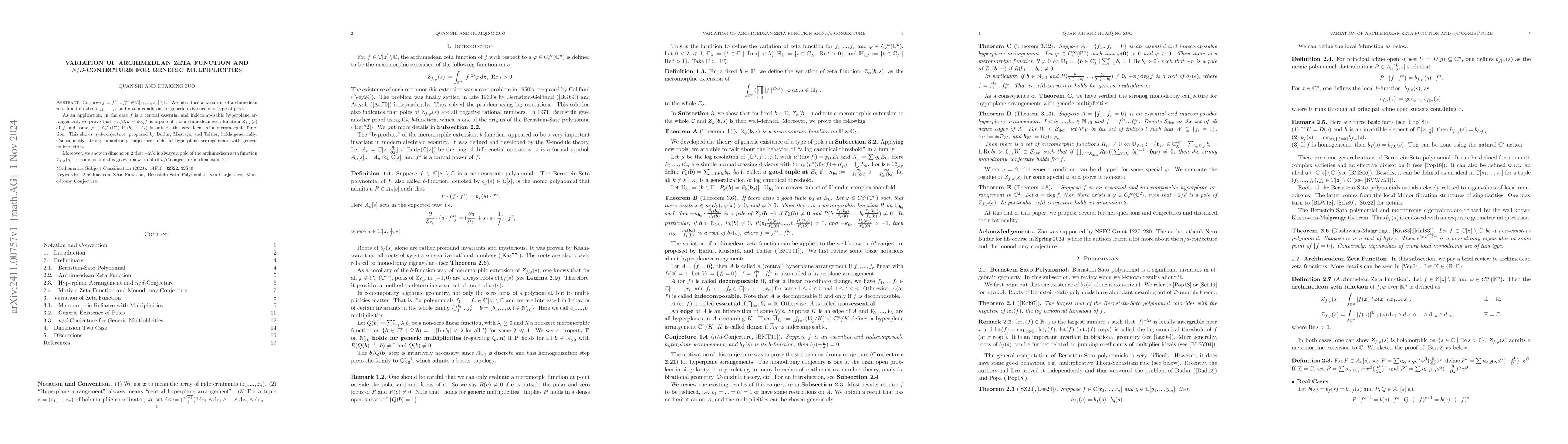 Thumbnail for Variation of Archimedean Zeta Function and
  \texorpdfstring{$n/d$}{n/d}-Conjecture for Generic Multiplicities